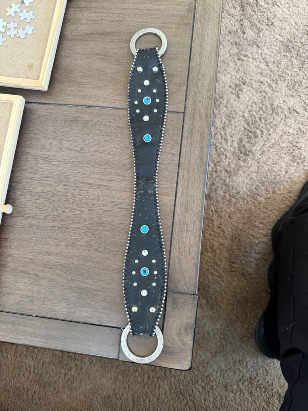 Black Leather Western Concho Bracelet with Turquoise Accents